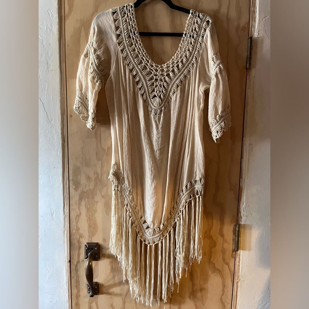 Vintage embroidered viscose Boho Hippie Cream beach Fringe Goth Dress S-M